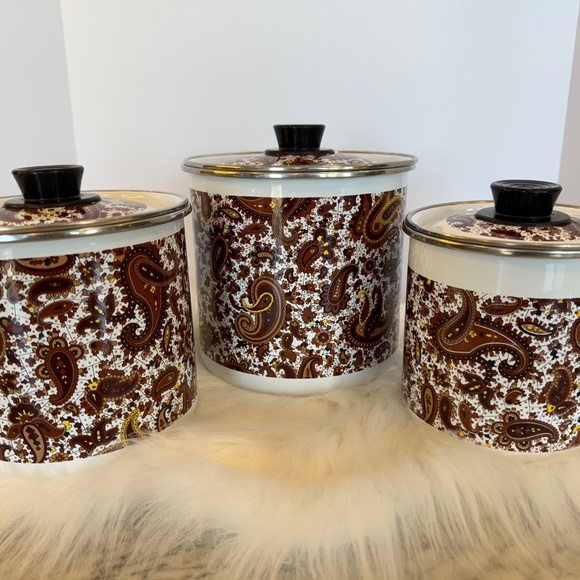 Enamelware Canisters with Lids by Fancipans Brown Paisley Print 70's Vintage EUC - Picture 3 of 11
